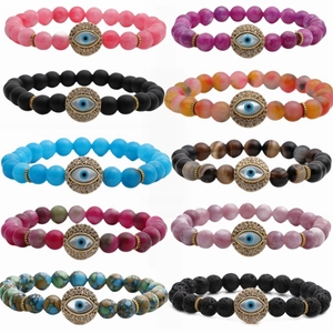 Evil Eye Beaded Bracelet Natural Stone Lava Stone Agate Alloy Rhinestone Charm Elastic Boho Ethnic Jewelry