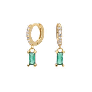 Detail of gold S925 sterling silver hoop earrings with rectangular emerald zircon stones