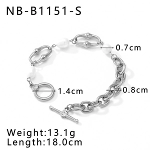 Detailed specs for 18cm pearl chain bracelet with 1.4cm toggle clasp and 0.8cm chain width