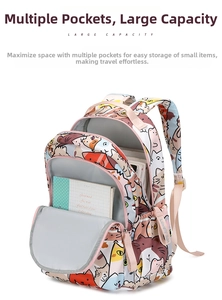 Detail of the multi-compartment interior and cute cat print on large capacity backpack