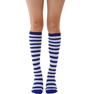 Detail of blue and white striped knit knee-high socks showing texture on model