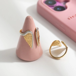 Adjustable 18K gold-plated stainless steel angel wing open ring set in gold and silver