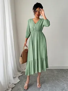 Robe Midi À Pois Suisses Col En V Pour Femmes Manches Longues Boutonnée Ourlet À Volants Décontracté Vacances