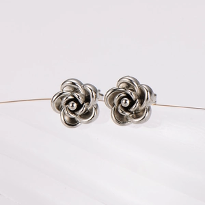 3D rose flower stud earrings in vintage silver stainless steel for women fashion