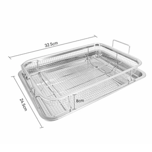 Detail of stainless steel grill pan set with dimensions 32.5x24.5x8cm on white background