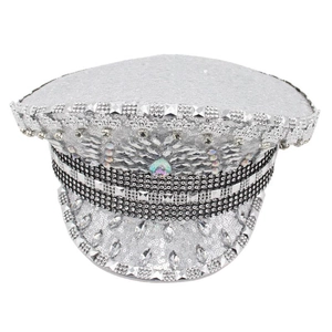 Glittering silver captain hat with sequins and heart rhinestone for festive party outfits