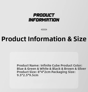 Detailed size specifications for Infinity Cube fidget toy with dimensions 8x4x2 cm