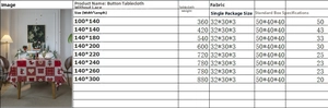 Size chart for red and white checkered Christmas tablecloth with heart and sock patterns