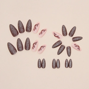 Almond press-on nail kit with burgundy velvet leaf patterns and purple glitter finish