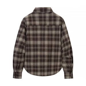 Back view of brown plaid Y2K cropped shirt showing slim waist and flannel texture
