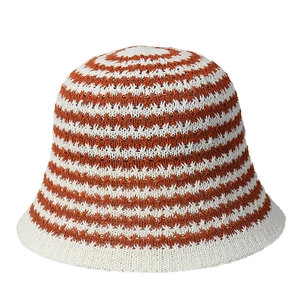 Knitted stripe bucket hat for women in orange and off-white breathable mesh design