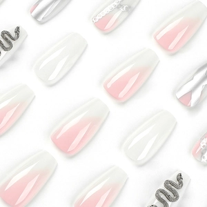 Pink ombre coffin press-on nails with silver 3D snake motifs and lace textures
