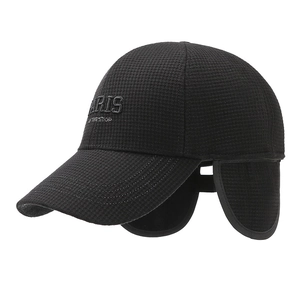 Winter men's black checkered baseball cap with ear flaps and Paris embroidery detail