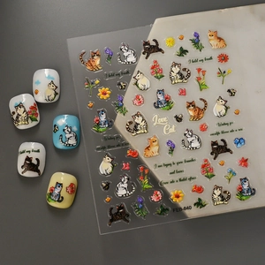 5D embossed nail stickers featuring cute realistic cat designs and floral patterns