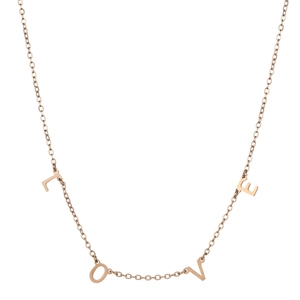 Detailed close-up of rose gold letter pendants spelling LOVE on a delicate steel chain