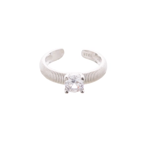 Adjustable S925 silver ring with textured band and single round zircon on white background