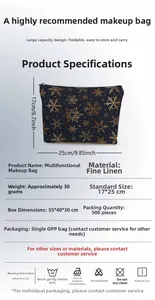 Detailed view of fine linen snowflake makeup bag with 17x25cm dimensions and size specs