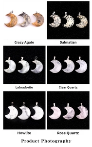 Detailed grid of 30mm natural crystal moon pendants in agate, quartz and labradorite