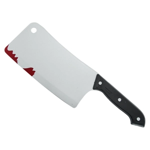 Close-up of blood-splattered toy chef knife prop for Halloween costume parties