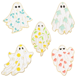 Set of five cute cartoon ghost enamel pins with colorful floral and heart patterns