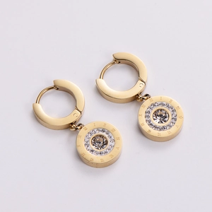Minimalist Titanium Steel Roman Numeral Circle Drop Earrings For Women Gold Plated Zirconia Inlaid Hypoallergenic Jewelry