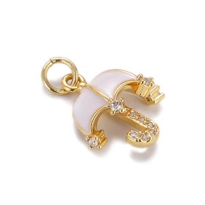 Detail of 18K gold plated umbrella pendant with pink enamel and clear zircon inlay