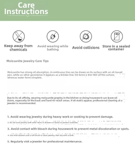 Care guide for moissanite double heart necklace showing maintenance tips and oil resistance