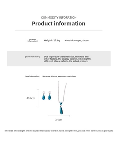 Detail view of water drop zircon jewelry set showing necklace length and item weight