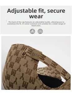 Detail of brown baseball cap with adjustable brass buckle and jacquard fabric texture