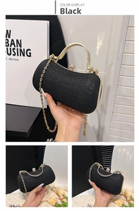 Close-up of elegant black sequin evening bag featuring a vintage metal handle and crystal clasp