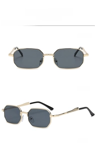 Close-up of golden polygon metal frame sunglasses with grey lenses in dual view