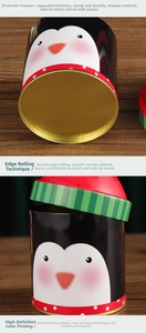 Detail view of penguin Christmas tin can with food-grade printing on polished tinplate