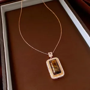 Vintage gold-plated square tiger eye stone pendant necklace with sparkling zircon border