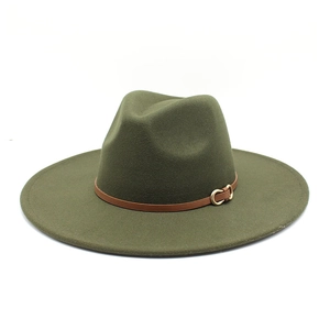 Detail of army green wool fedora featuring a brown leather band and gold buckle