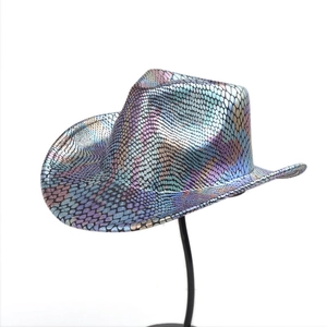 Detail view of iridescent holographic fish scale texture on a purple cowboy hat