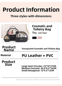 Detailed size specifications for crescent, semi-circle and hexagonal PU leather cosmetic bags