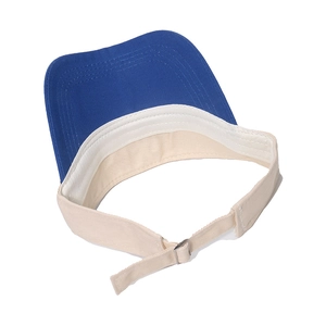 Vue détaillée de la boucle réglable et des coutures du pare-soleil bleu et beige