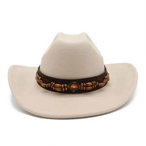 Chapeau de cowboy en feutre de laine beige avec perles et boucle métallique sertie