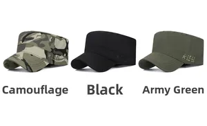 Detailed view of 1941 embroidered cadet caps in camo, black, and army green cotton