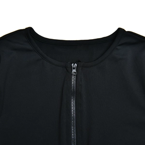 Close-up of the front zipper detail on a slim-fit black short-sleeved bodysuit