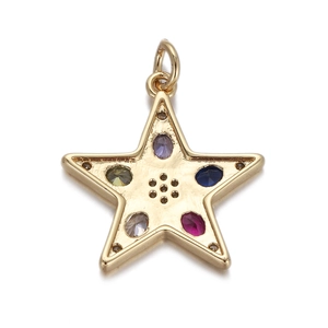 Detail of star pendant with five colored crystals and polished gold finish for jewelry making