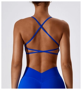 Detail of royal blue seamless yoga bra with cross back straps and V-waist leggings