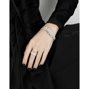 Irregular pleated texture S925 sterling silver ring and wide bangle jewelry set for women