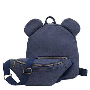 Blue denim backpack with round ears design and matching waist bag set for women