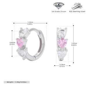 Detailed view of 925 silver heart hoop earrings with pink zircons and precise measurements