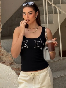 Slim fit black tank top with two rhinestone star patterns on the front for women