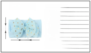 Detailed size chart for light blue nylon baby headband with gold foil polka dot bow