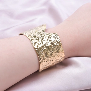 Hammered 18k gold plated stainless steel open cuff bracelet with unique texture