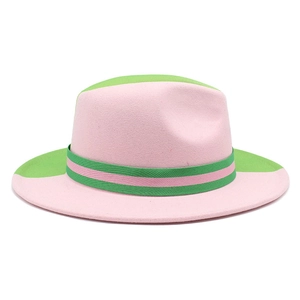 Modern wool felt fedora hat featuring a stylish pink and green color-block design