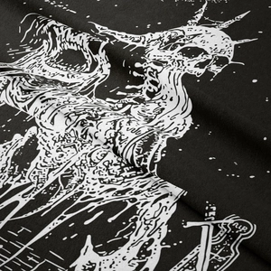 Close-up of the black and white skeleton tapestry showing fabric texture and RIP print